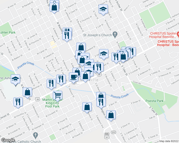 map of restaurants, bars, coffee shops, grocery stores, and more near in Beeville