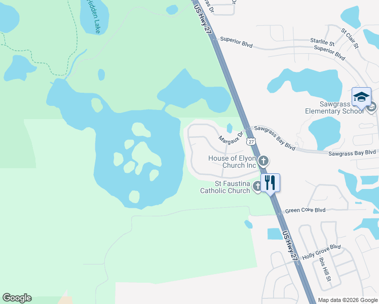 map of restaurants, bars, coffee shops, grocery stores, and more near 15145 Margaux Drive in Clermont