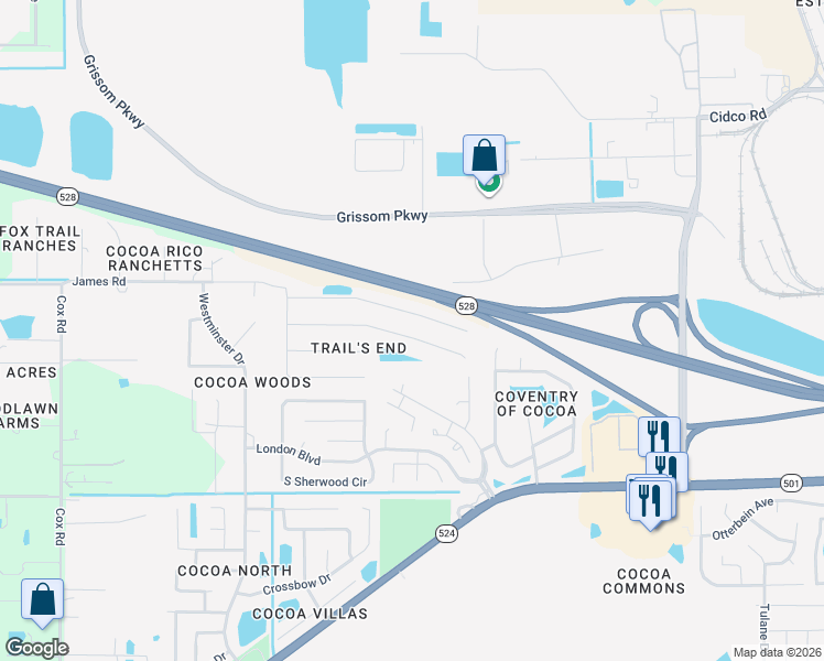 map of restaurants, bars, coffee shops, grocery stores, and more near 3301 Craggy Bluff Place in Cocoa