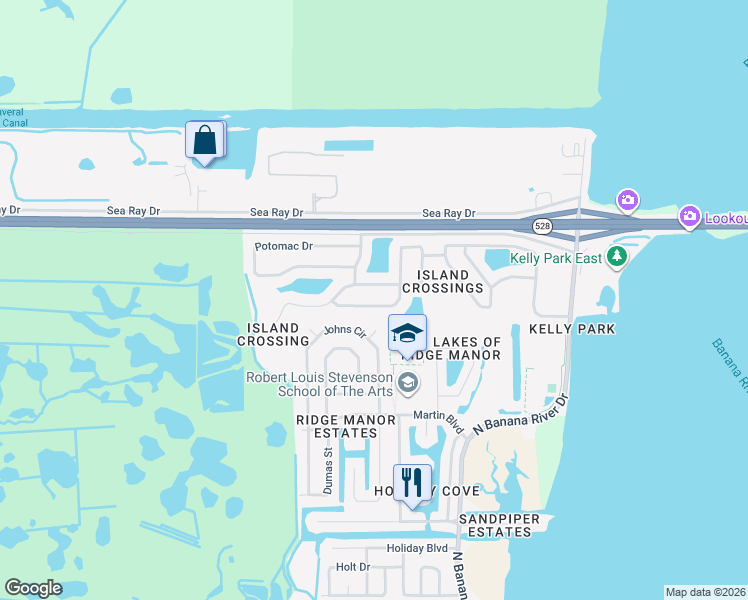 map of restaurants, bars, coffee shops, grocery stores, and more near 1351 Grand Cayman Drive in Merritt Island