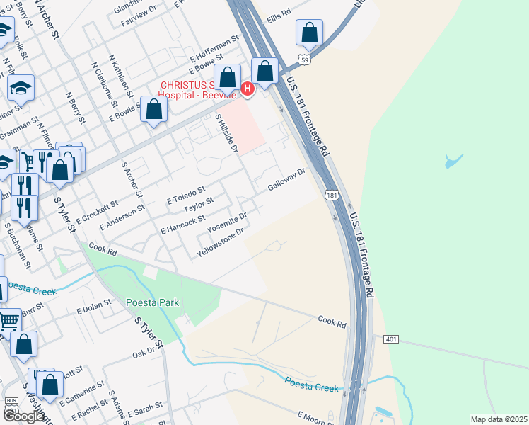 map of restaurants, bars, coffee shops, grocery stores, and more near 803 Rainier Drive in Beeville