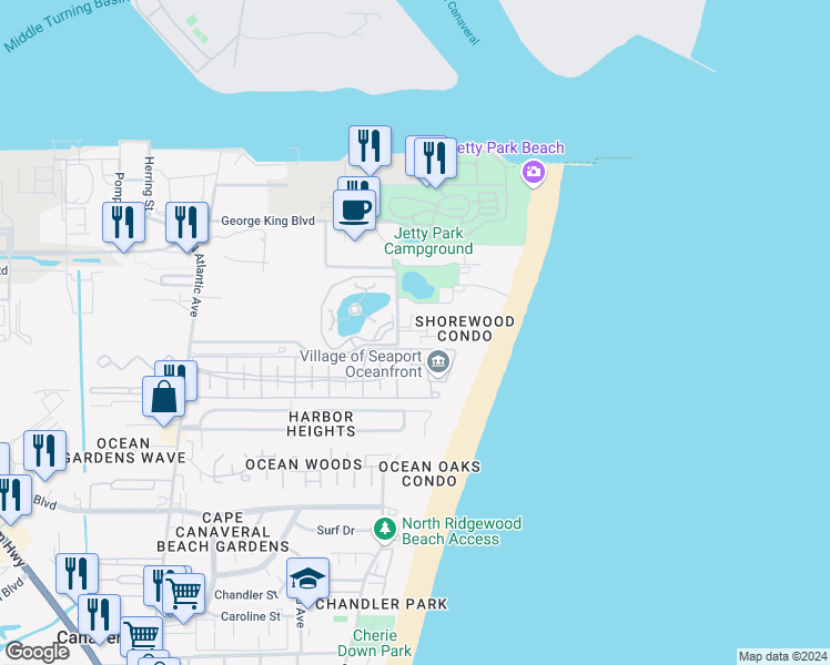 map of restaurants, bars, coffee shops, grocery stores, and more near 603 Shorewood Drive in Cape Canaveral