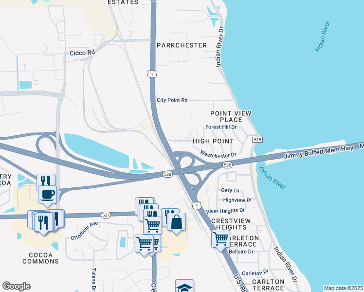 map of restaurants, bars, coffee shops, grocery stores, and more near 3220 North Cocoa Boulevard in Cocoa