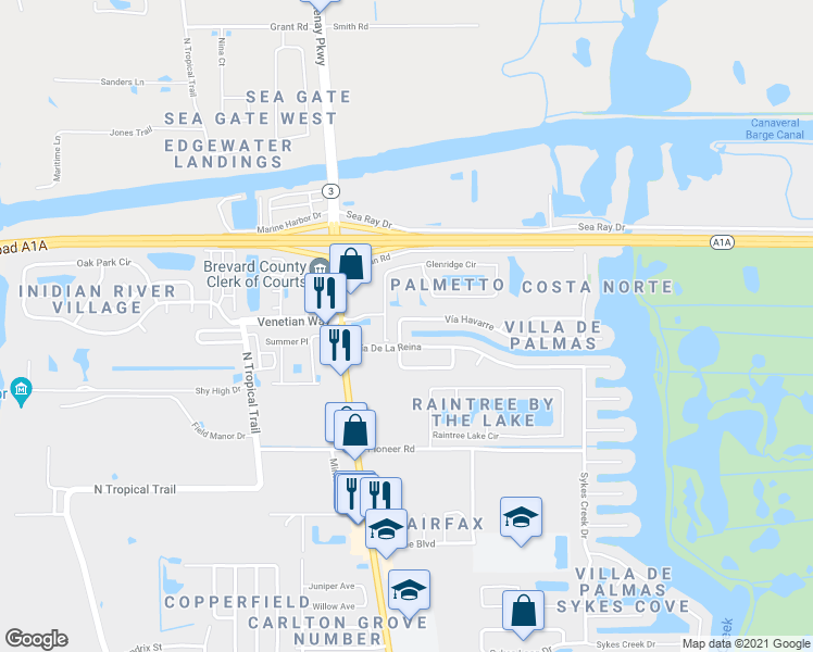 map of restaurants, bars, coffee shops, grocery stores, and more near 109 Vía Havarre in Merritt Island