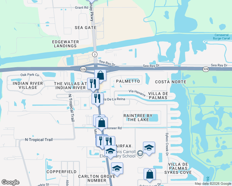 map of restaurants, bars, coffee shops, grocery stores, and more near 109 Vía Havarre in Merritt Island