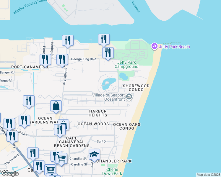 map of restaurants, bars, coffee shops, grocery stores, and more near 8891 Lake Drive in Cape Canaveral