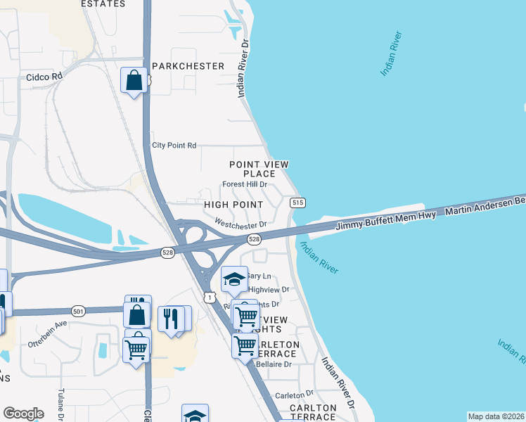 map of restaurants, bars, coffee shops, grocery stores, and more near 3208 Buckingham Lane in Cocoa