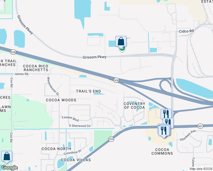 map of restaurants, bars, coffee shops, grocery stores, and more near 3301 Craggy Bluff Pl in Cocoa