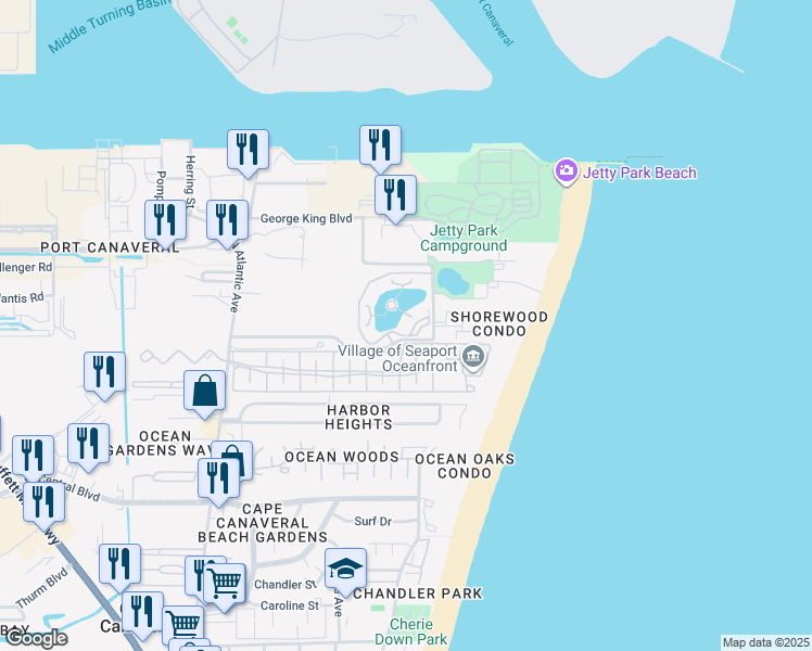 map of restaurants, bars, coffee shops, grocery stores, and more near 8881 Lake Drive in Cape Canaveral
