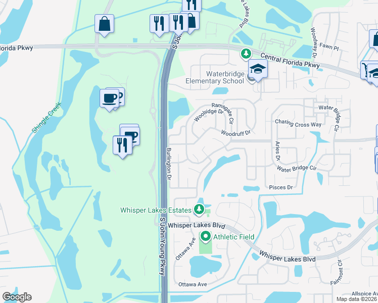 map of restaurants, bars, coffee shops, grocery stores, and more near 11304 Bingham Court in Orlando