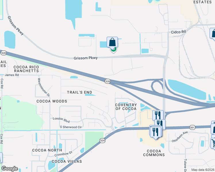 map of restaurants, bars, coffee shops, grocery stores, and more near 3250 Craggy Bluff Place in Cocoa