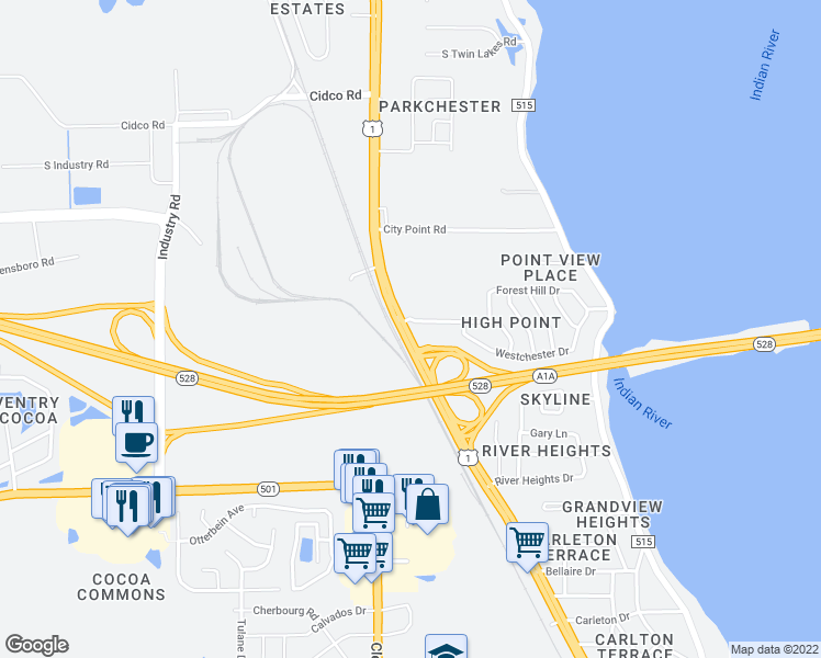 map of restaurants, bars, coffee shops, grocery stores, and more near 3220 N Cocoa Blvd in Cocoa