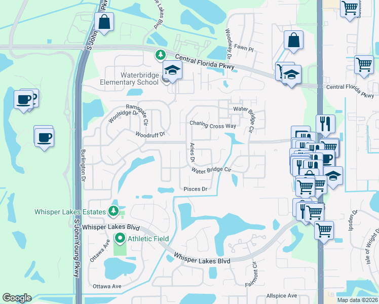map of restaurants, bars, coffee shops, grocery stores, and more near 11310 Aries Drive in Orlando