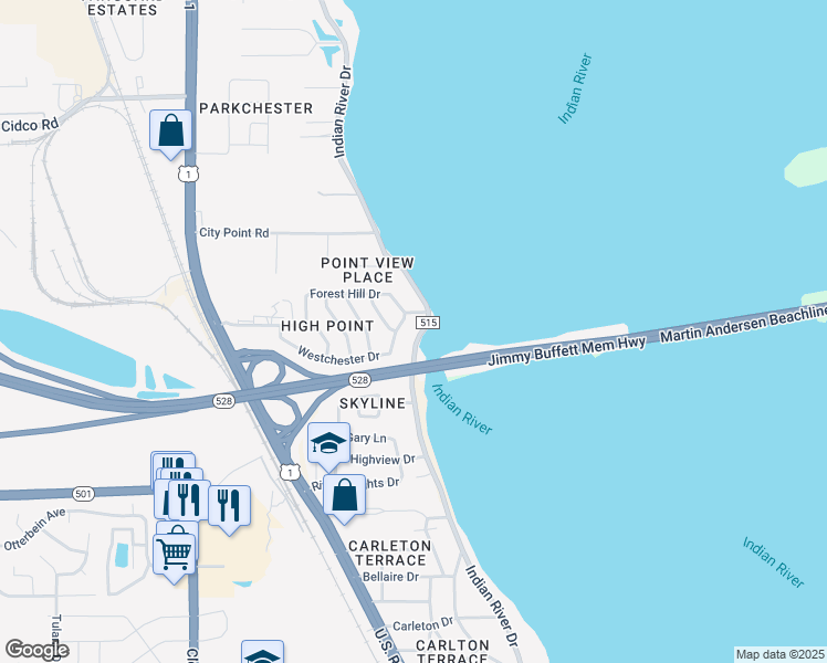 map of restaurants, bars, coffee shops, grocery stores, and more near 3410 Indian River Drive in Cocoa