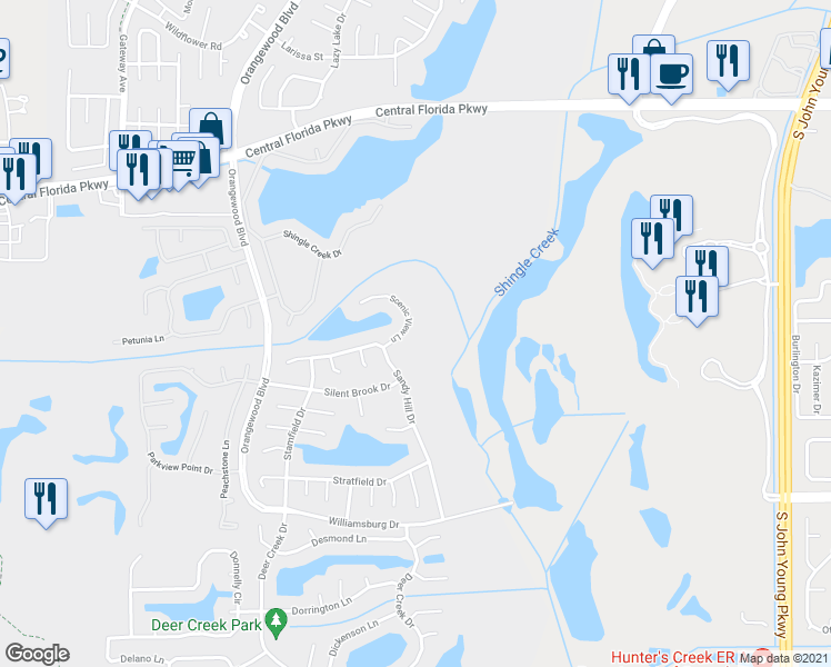 map of restaurants, bars, coffee shops, grocery stores, and more near 11335 Scenic View Lane in Orlando