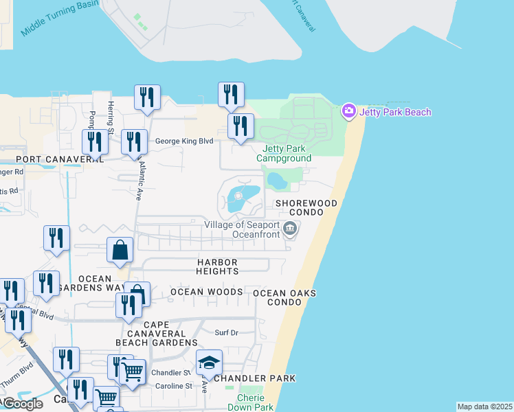 map of restaurants, bars, coffee shops, grocery stores, and more near 8881 Lake Drive in Cape Canaveral