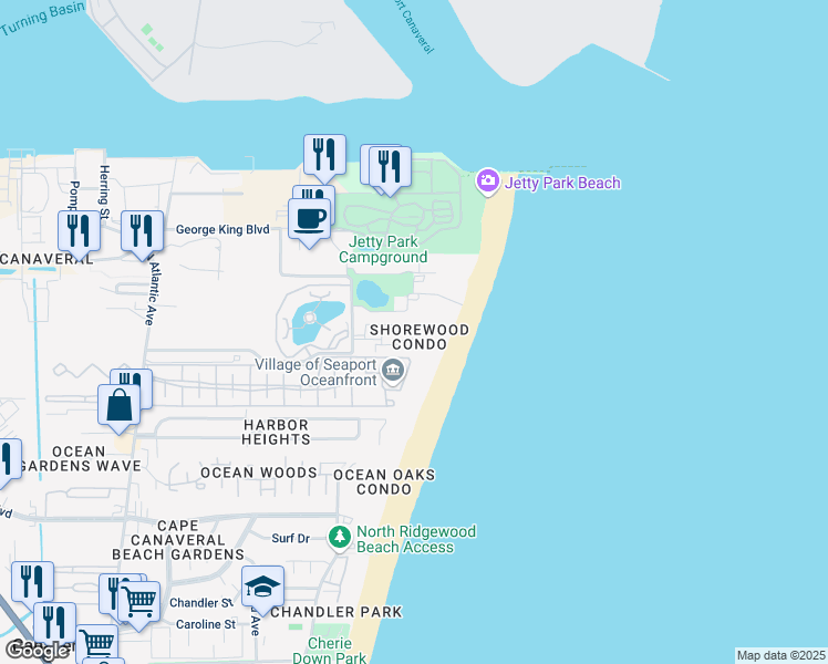 map of restaurants, bars, coffee shops, grocery stores, and more near 609 Shorewood Drive in Cape Canaveral