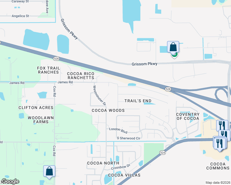 map of restaurants, bars, coffee shops, grocery stores, and more near 2550 Blue Ridge Avenue in Cocoa