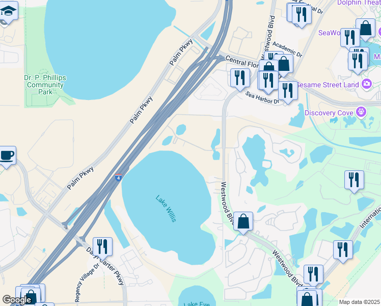 map of restaurants, bars, coffee shops, grocery stores, and more near 7012 Grand Horizons Boulevard in Orlando