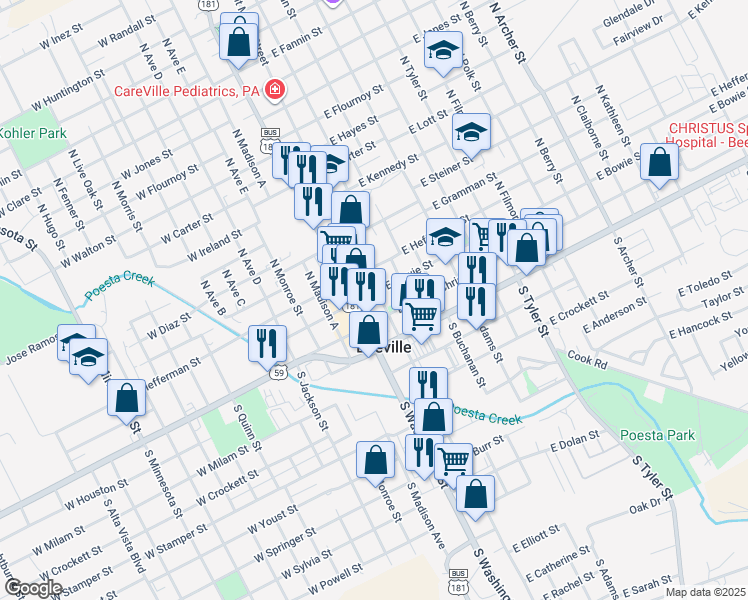 map of restaurants, bars, coffee shops, grocery stores, and more near 111 North Saint Marys Street in Beeville