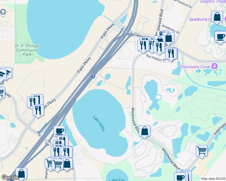 map of restaurants, bars, coffee shops, grocery stores, and more near 7012 Grand Horizons Boulevard in Orlando