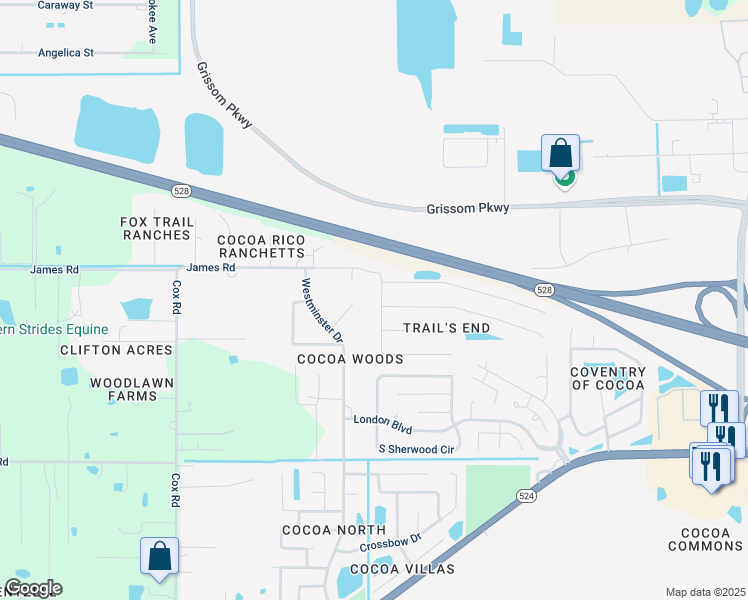 map of restaurants, bars, coffee shops, grocery stores, and more near 2550 Blue Ridge Avenue in Cocoa