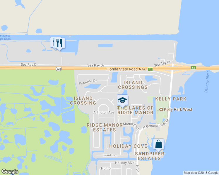 map of restaurants, bars, coffee shops, grocery stores, and more near 1351 Grand Cayman Drive in Merritt Island