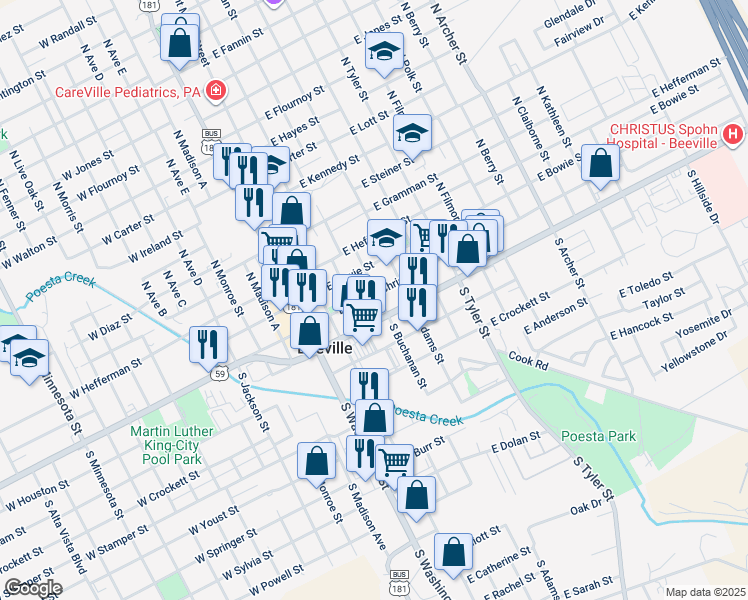 map of restaurants, bars, coffee shops, grocery stores, and more near 210 East Corpus Christi Street in Beeville