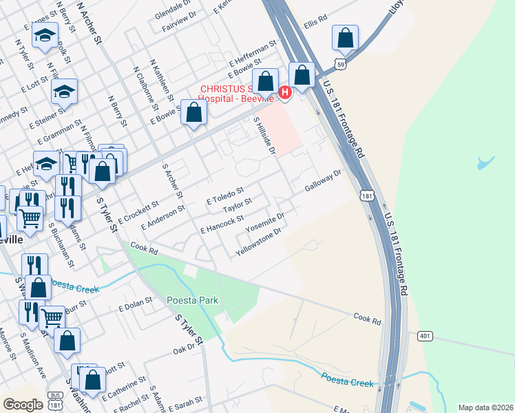 map of restaurants, bars, coffee shops, grocery stores, and more near 1305 East Hancock Street in Beeville
