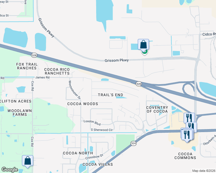 map of restaurants, bars, coffee shops, grocery stores, and more near 3402 Echo Ridge Pl in Cocoa