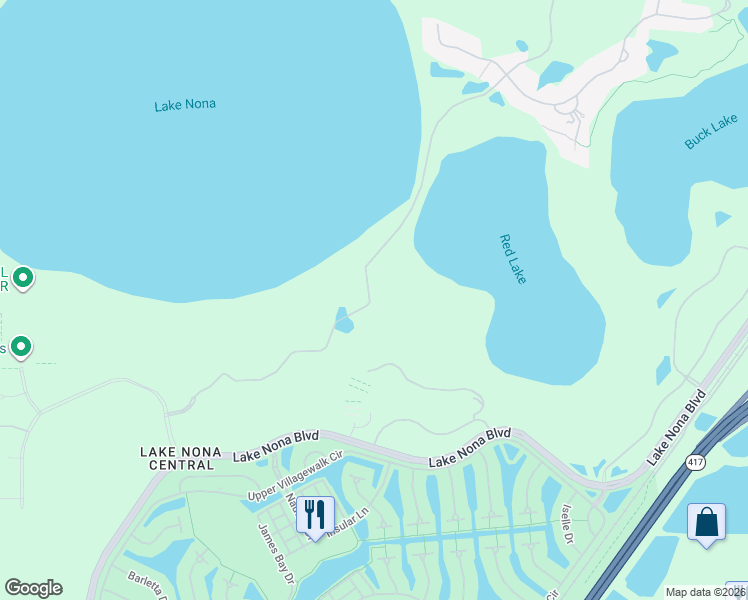 map of restaurants, bars, coffee shops, grocery stores, and more near 9395 Lake Nona Boulevard in Orlando