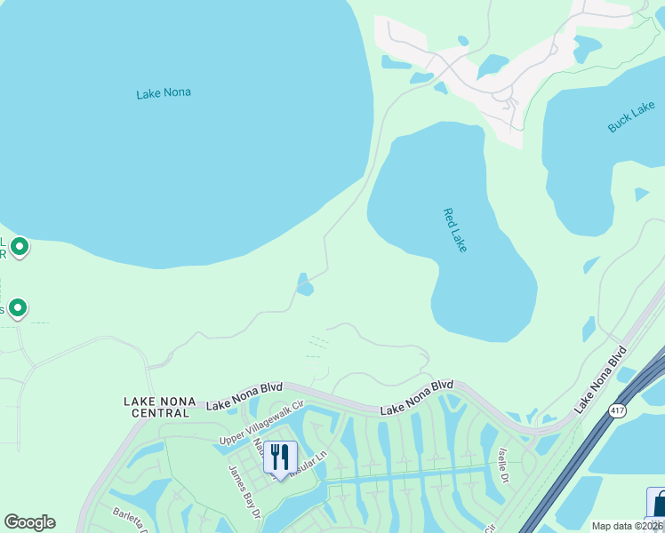 map of restaurants, bars, coffee shops, grocery stores, and more near 9395 Lake Nona Boulevard in Orlando