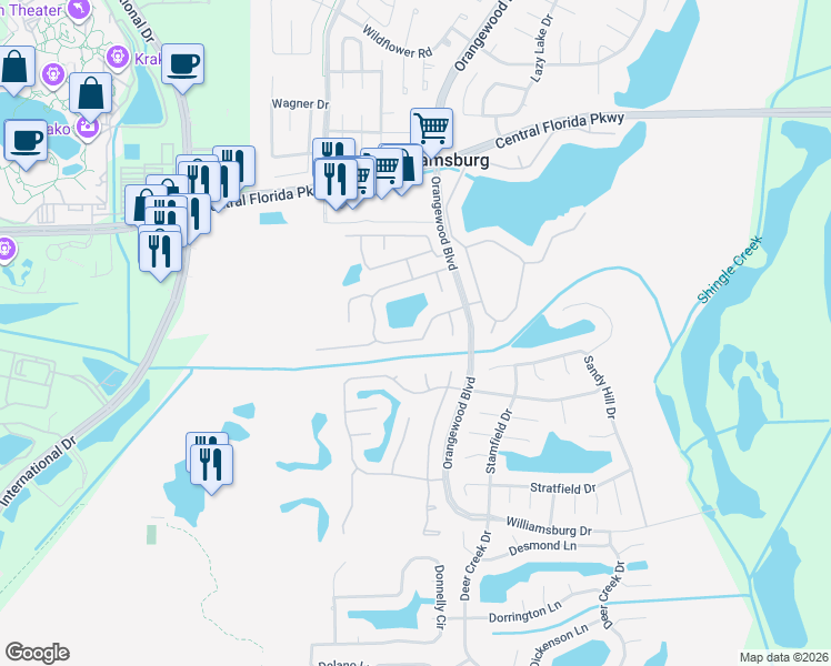 map of restaurants, bars, coffee shops, grocery stores, and more near 5778 Parkview Lake Drive in Orlando