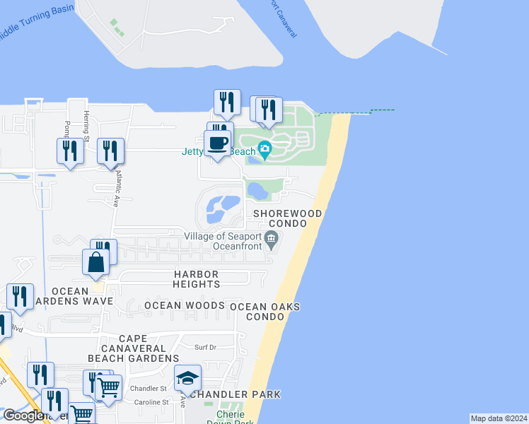 map of restaurants, bars, coffee shops, grocery stores, and more near 603 Shorewood Drive in Cape Canaveral