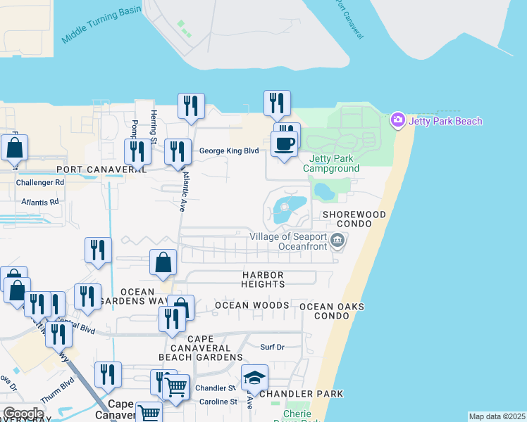 map of restaurants, bars, coffee shops, grocery stores, and more near 8921 Lake Drive in Cape Canaveral