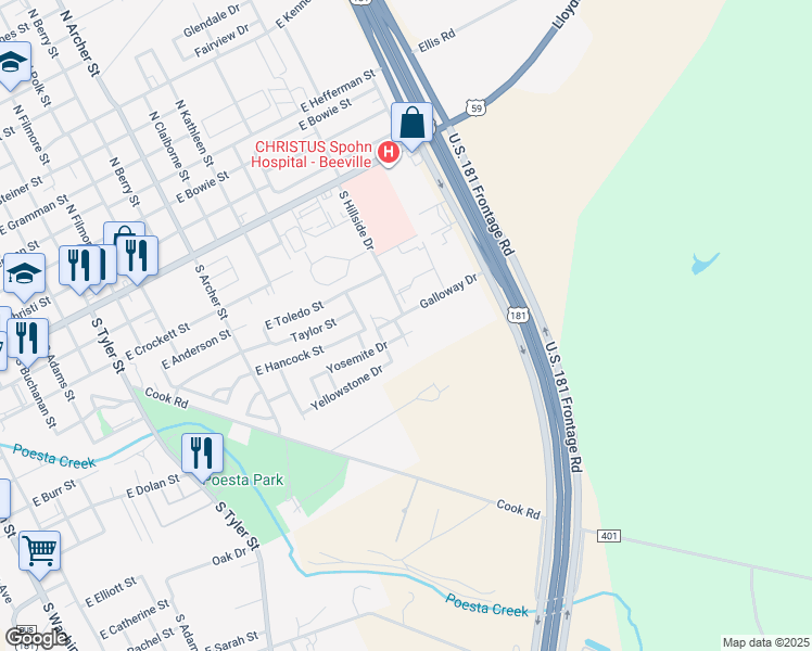map of restaurants, bars, coffee shops, grocery stores, and more near 803 Rainier Drive in Beeville