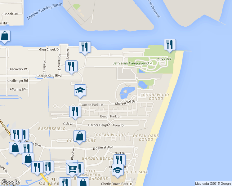 map of restaurants, bars, coffee shops, grocery stores, and more near 8921 Lake Drive in Cape Canaveral