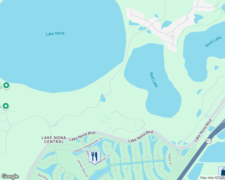 map of restaurants, bars, coffee shops, grocery stores, and more near 9395 Lake Nona Boulevard in Orlando