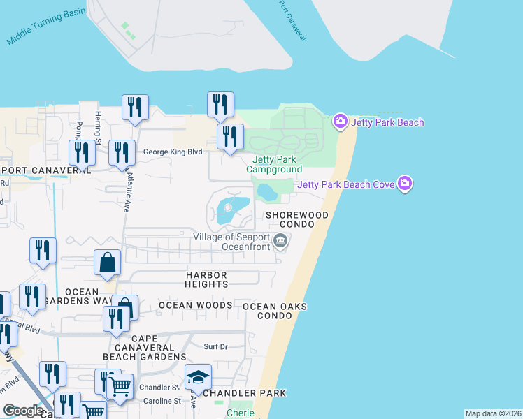 map of restaurants, bars, coffee shops, grocery stores, and more near 602 Shorewood Drive in Cape Canaveral