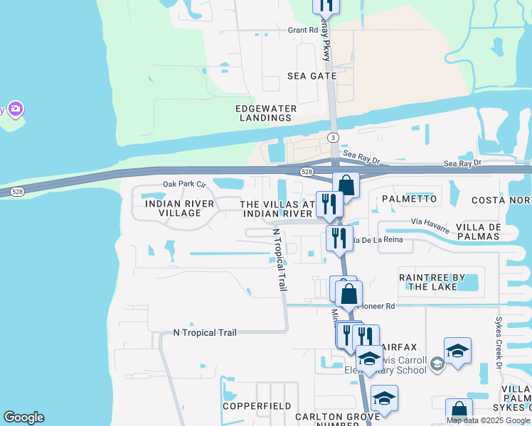 map of restaurants, bars, coffee shops, grocery stores, and more near 2525 Via Vittoria Court in Merritt Island