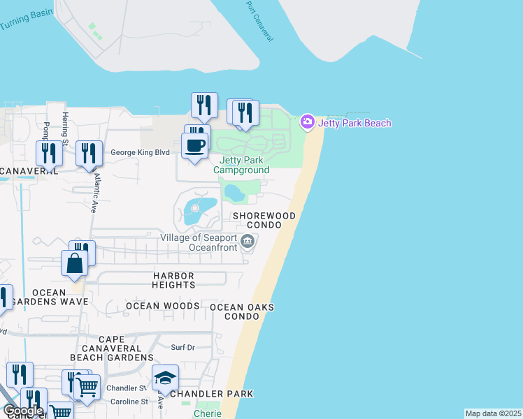 map of restaurants, bars, coffee shops, grocery stores, and more near 606 Shorewood Drive in Cape Canaveral