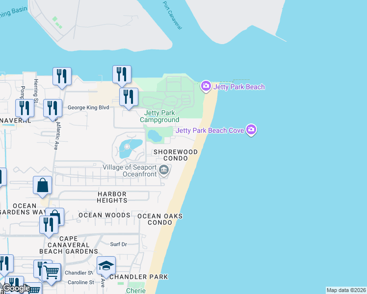 map of restaurants, bars, coffee shops, grocery stores, and more near 606 Shorewood Drive in Cape Canaveral
