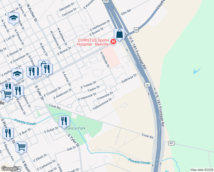 map of restaurants, bars, coffee shops, grocery stores, and more near 1305 East Hancock Street in Beeville