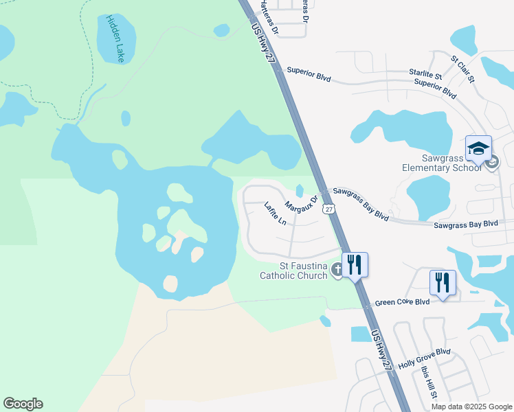 map of restaurants, bars, coffee shops, grocery stores, and more near 15216 Lafite Lane in Clermont