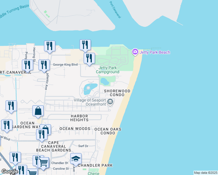 map of restaurants, bars, coffee shops, grocery stores, and more near 604 Shorewood Drive in Cape Canaveral