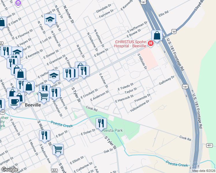 map of restaurants, bars, coffee shops, grocery stores, and more near 1101 East Crockett Street in Beeville