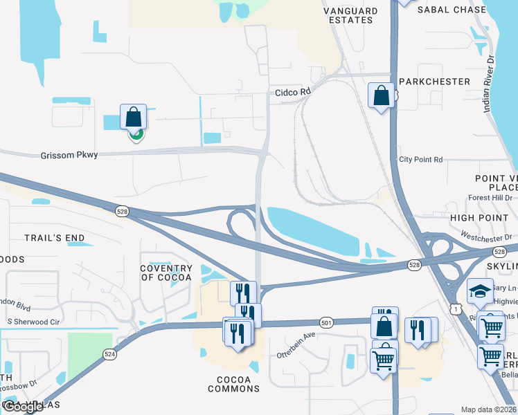 map of restaurants, bars, coffee shops, grocery stores, and more near 3078 Industry Road in Cocoa