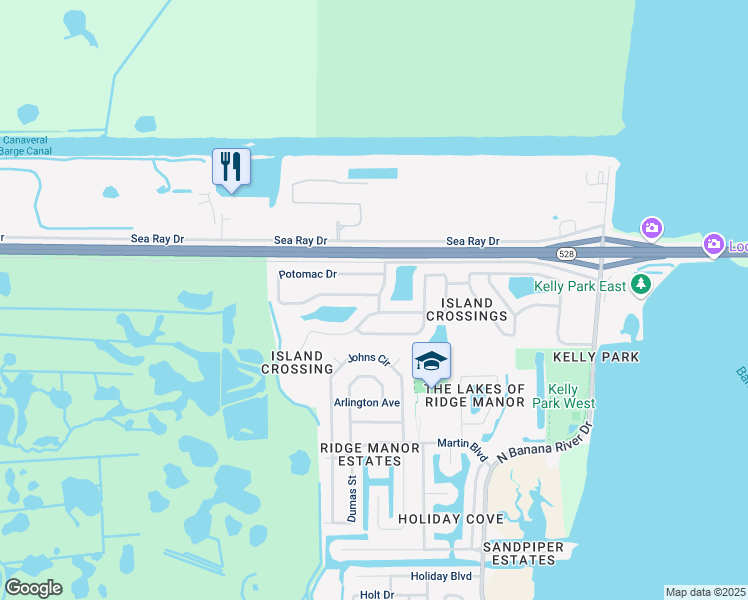 map of restaurants, bars, coffee shops, grocery stores, and more near 1174 Potomac Drive in Merritt Island