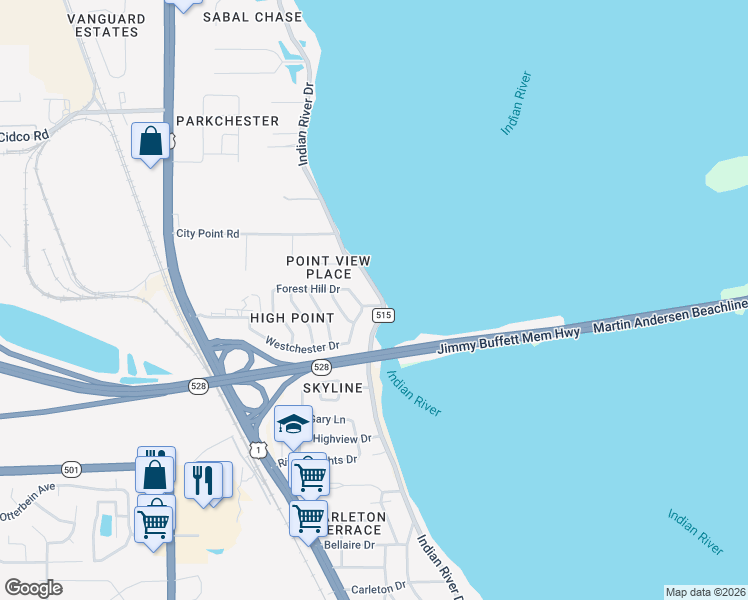 map of restaurants, bars, coffee shops, grocery stores, and more near 3424 Indian River Drive in Cocoa