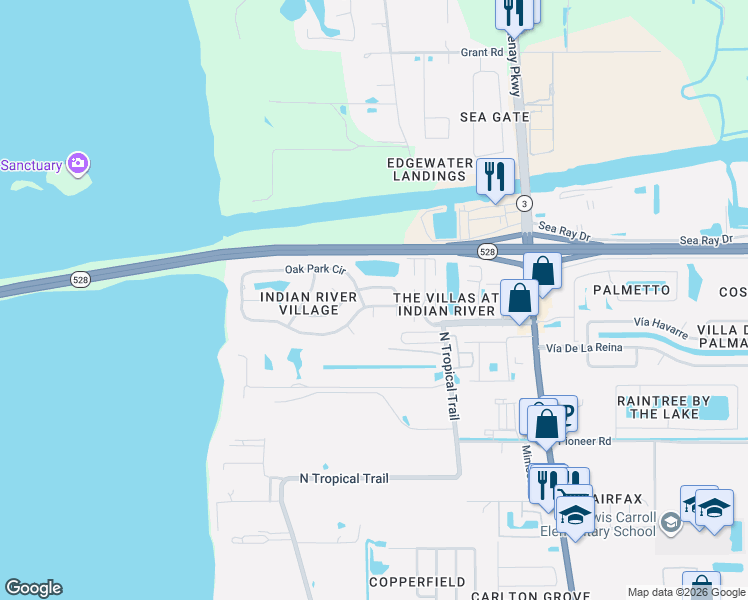 map of restaurants, bars, coffee shops, grocery stores, and more near 540 Venetian Way in Merritt Island